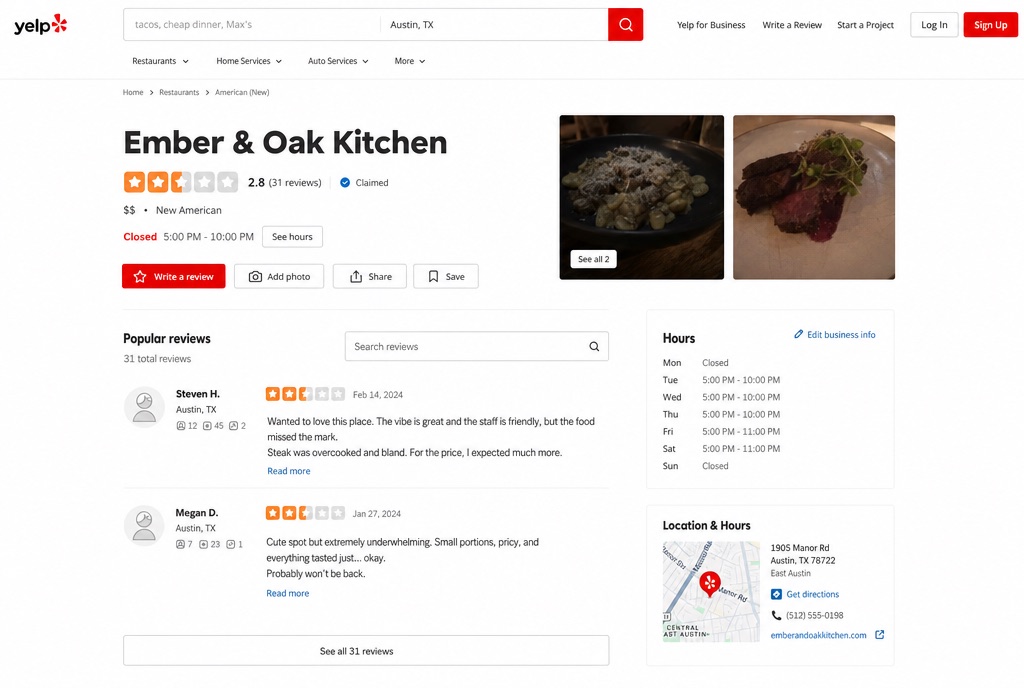 Yelp Page — Restaurant (Austin) — BEFORE